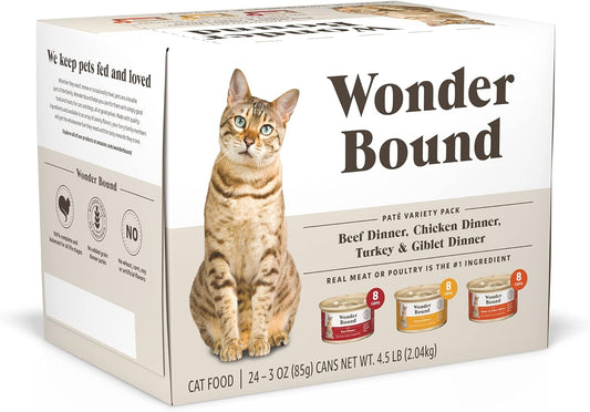 Amazon Brand - Wonder Bound Wet Cat Food, Pate, No Added Grain, Variety Pack (Beef/Chicken/Turkey & Giblet), 3 ounce (Pack of 24)