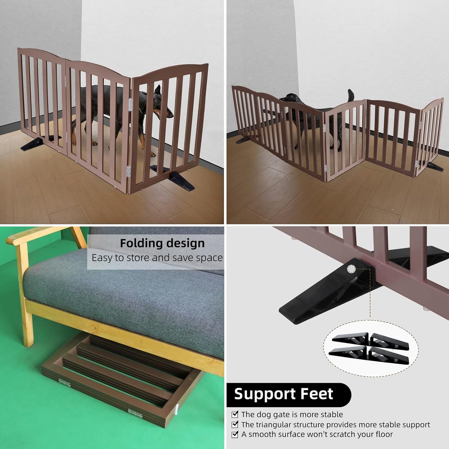 ZJSF Foldable Freestanding Indoor Dog Gate for House Wood Long Pet Gates Dog Fence for Stairs Puppy Gates for Hallways, Puppy Gate,Support Feet Included, Brown, 24 "Height-3 Panels