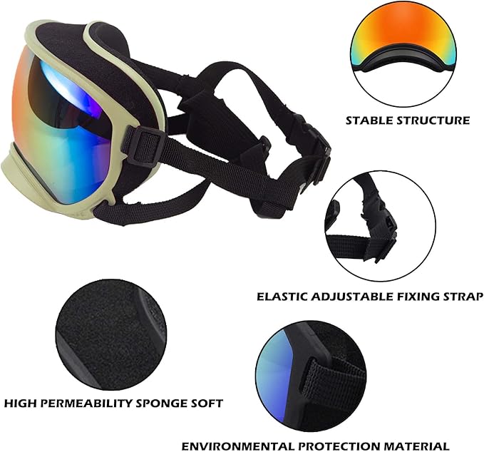 Large Dog Sunglasses with Adjustable Strap UV Protection, Winproof Puppy Sunglasses, Suitable for Medium-Large Pet Glasses, Dogs Eyes Soft Goggles, Khaki Colours