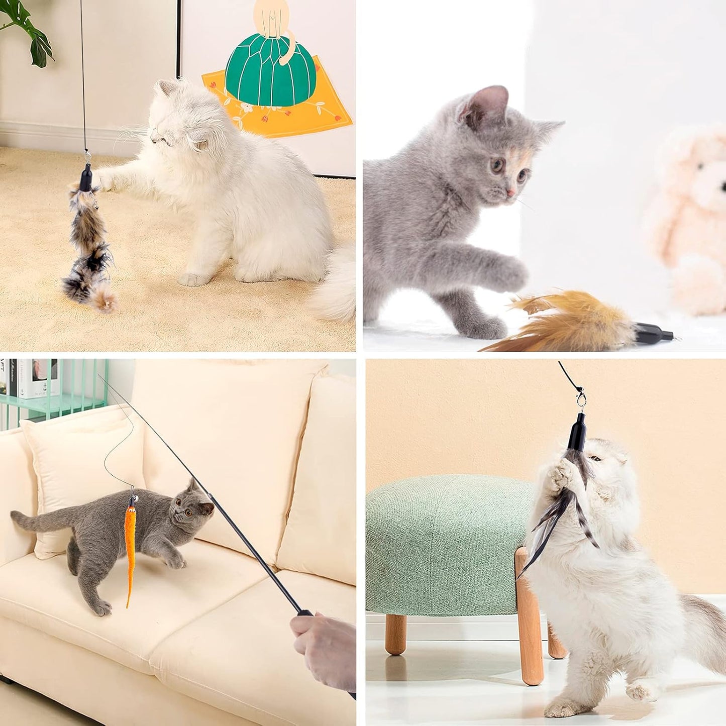 Retractable Cat Wand Toys - Interactive Feather Wand with Bell for Indoor/Outdoor Cats, 8 Pack