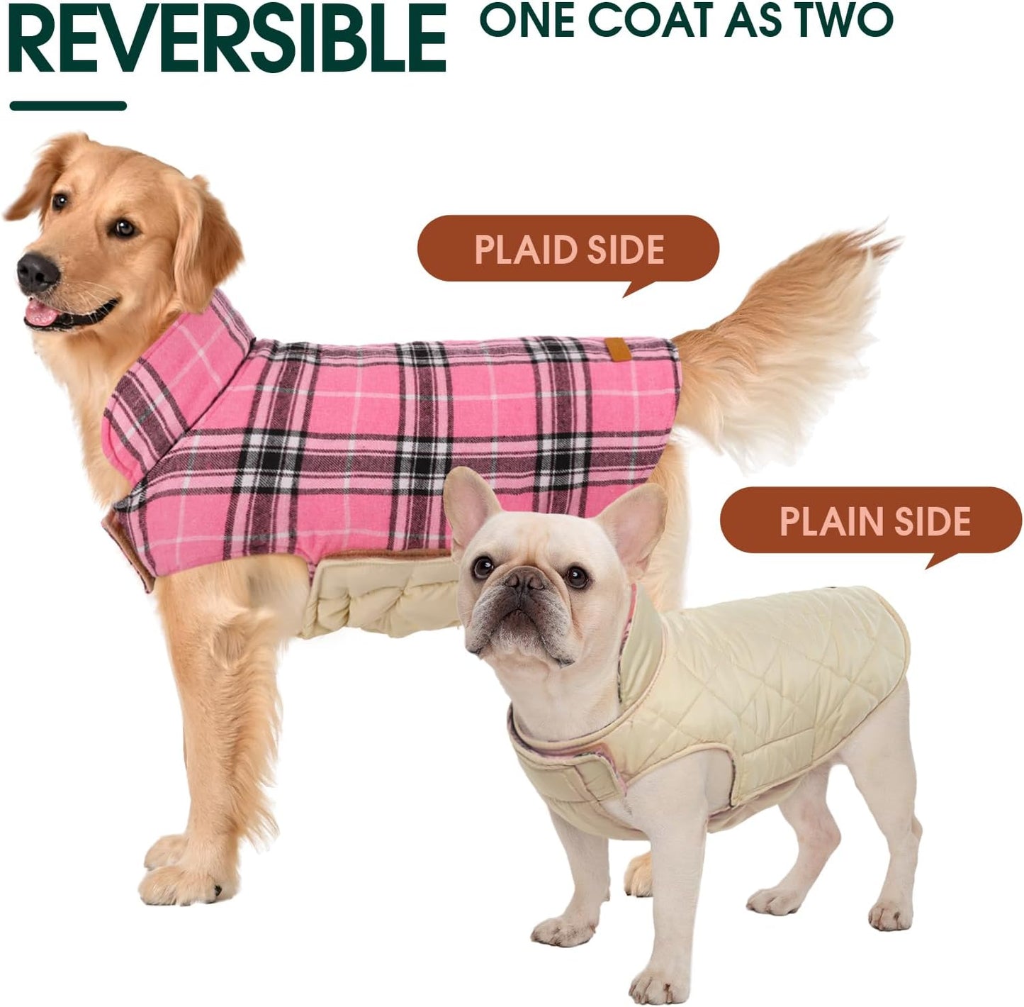 Kuoser Waterproof Dog Coat, Reversible Dog Jacket for Large Dogs, Adjustable Durable Doggie Winter Coat for Groowing Puppies Warm Puppy Cold Weather Apparel, Pink L
