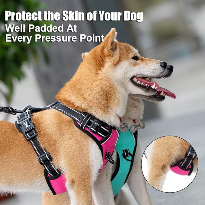 PoyPet No Pull Dog Harness, Reflective Comfortable Vest Harness with Front & Back 2 Leash Attachments and Easy Control Handle Adjustable Soft Padded Pet Vest for Small to Large Dogs (Pink,M)
