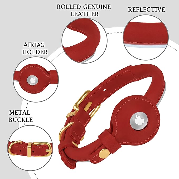 OOPSDOGGY Rolled Leather Dog Collar with Airtag Holder - Reflective Round Airtag Dog Collar - Soft Tracking Pet Collar for Small Dogs Puppy Cats Kitten (Red, XXL, 20"-24")