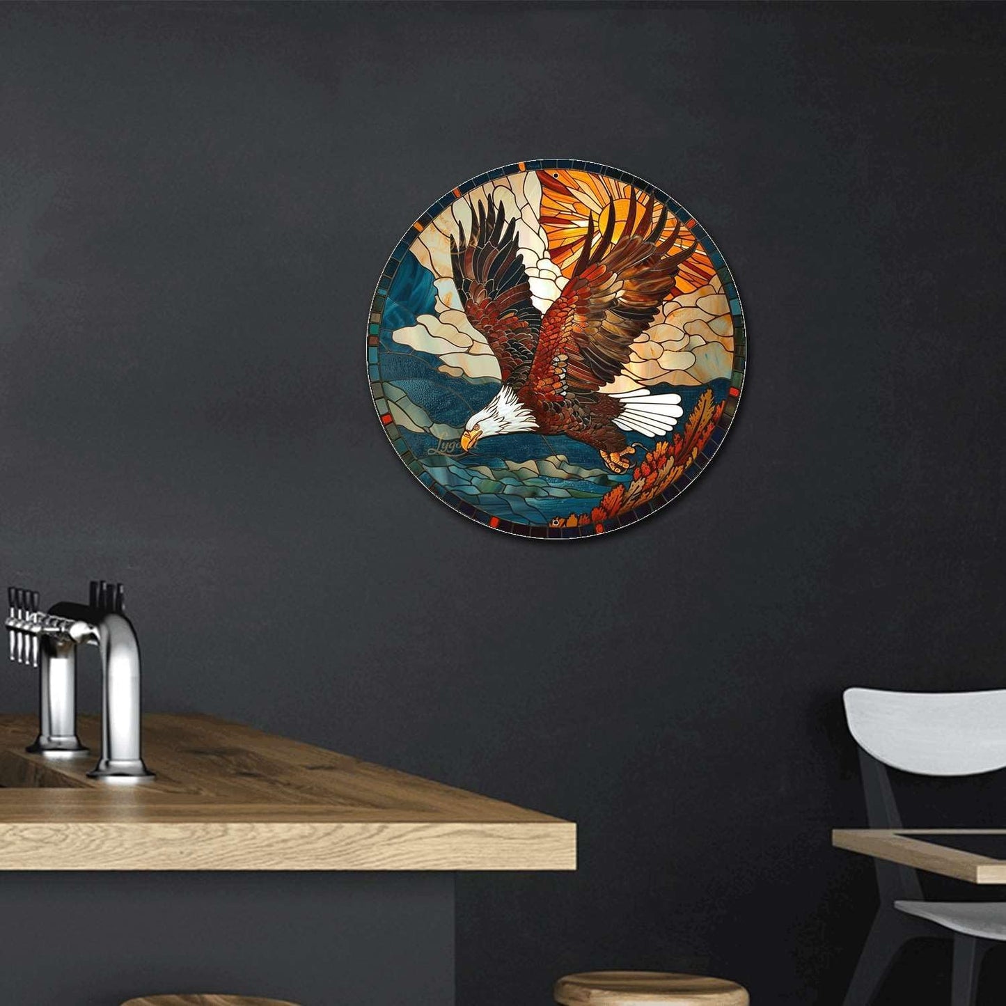 Lygond Metal Sign Tin Sign Circular Stained Glass American Bald Eagle Tin Signs for Garden for Gift 8×8 Inches