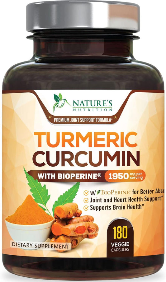 Turmeric Curcumin Supplement 1950mg - 95% Curcuminoids with Organic Turmeric & BioPerine Black Pepper Extract for Best Absorption, Nature's Vegan Joint Support, Non-GMO, Bottled in USA - 180 Capsules