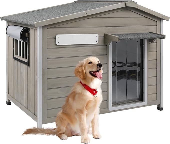 Outdoor Dog House Weatherproof Large Wooden Dog Kennel Indoor for Small Dogs with Chew-Proof Frame, Oxford Fabric Window, Removable Floor Pet Shelter (Grey, 40.1" D x 26.4" W x 28" H)