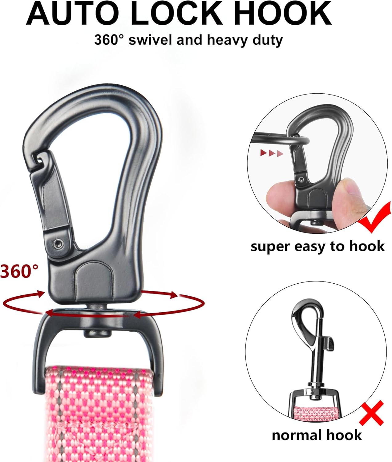 TwoEar 6FT 1IN Strong Pink Dog Leash with 2 Padded Handles, Traffic Handle Extra Control, Comfortable Soft Dual Handle, Auto Lock Hook, Reflective Walking Lead for Small Medium and Large Dogs