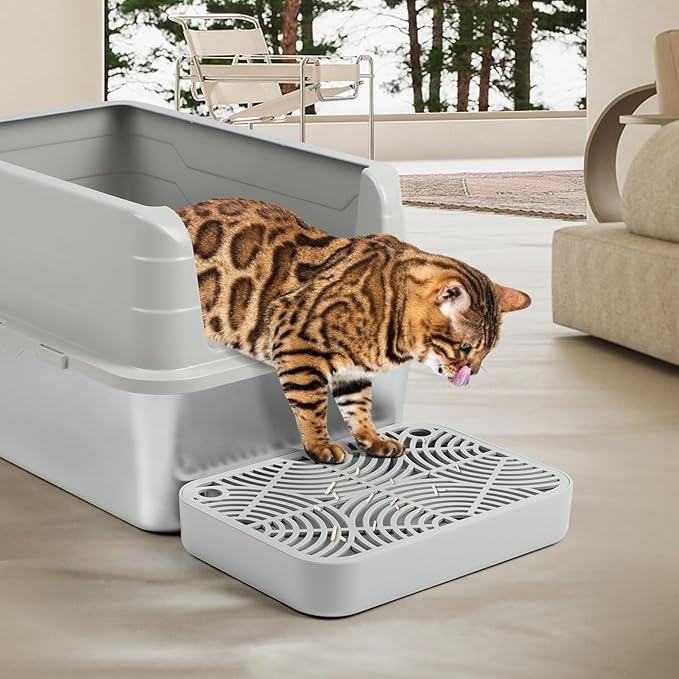Litter Box Step, Cat Step/Ramp/Catcher with Filter Function, Easy to Clean, Filter Pedal Ideal for Kitten & Elderly Cats (Light Grey)