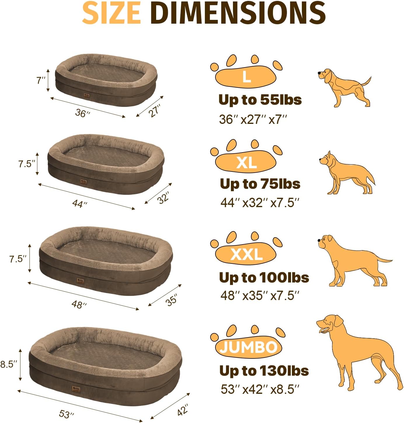 Orthopedic Washable Large Dog Bed: Cooling Dog Bed with Bolsters - Jumbo Bed Waterproof Removable Cover Non-Slip Pet Bed for Extra Large Sized - Coffee