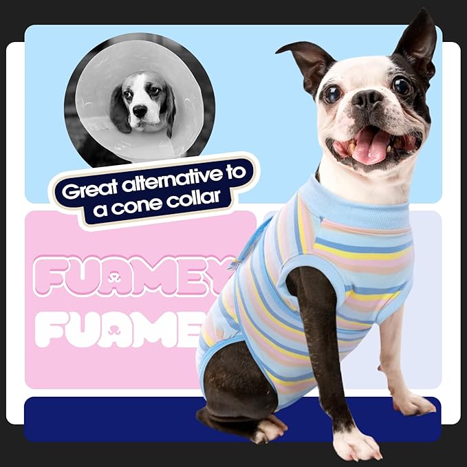FUAMEY Recovery Suit for Dogs After Surgery,Soft Breathable Dog Bodysuit E-Collar & Cone Alternative Surgical Suit,Male Female Dog Neuter Spay Suits Anti Licking Wounds Onesie Blue Yellow Stripes XS
