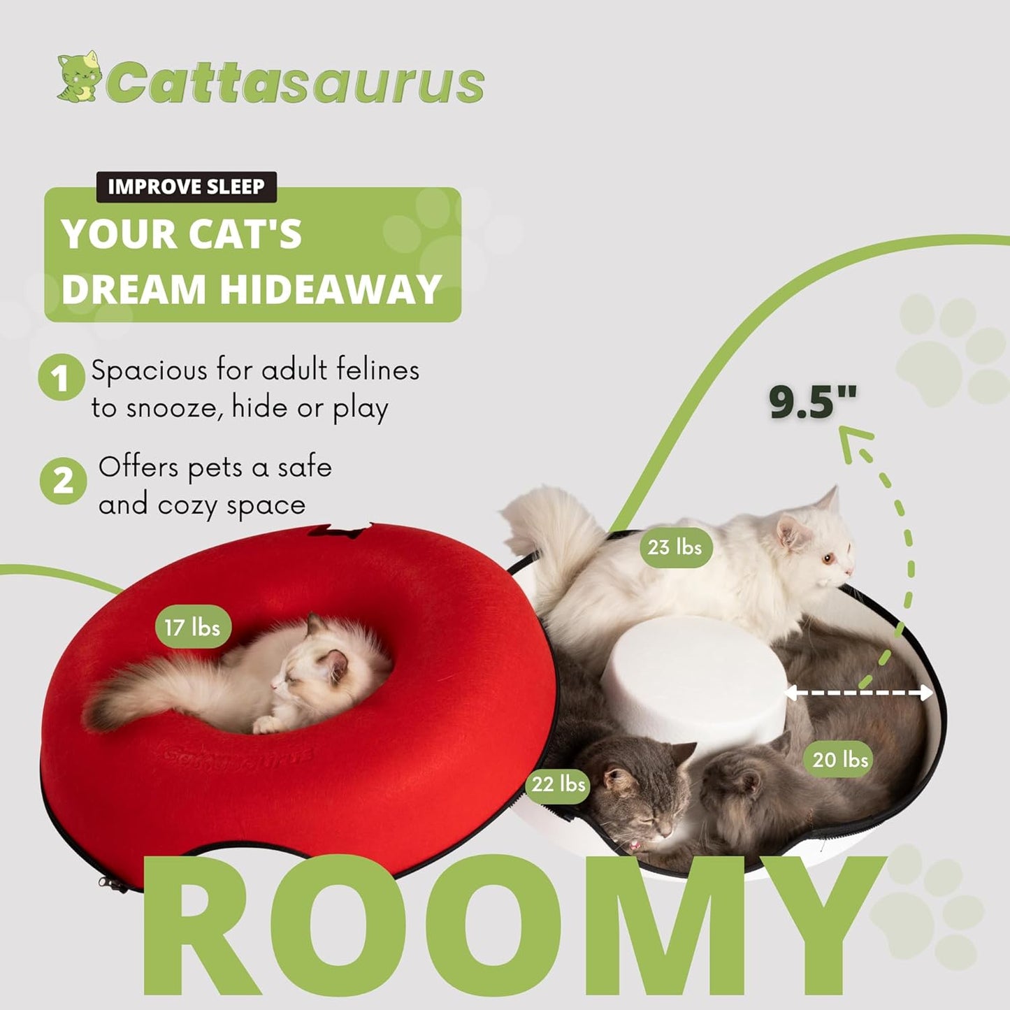 Cattasaurus Peekaboo Cat Cave, Extra Spacious for Multiple & Large Cats 12+ lbs, Scratch Detachable Cat Beds for Indoor Cats, Washable Tunnel Bed, Comfy Cat Donut Tunnel (Ruby Snowball, Jumbo)