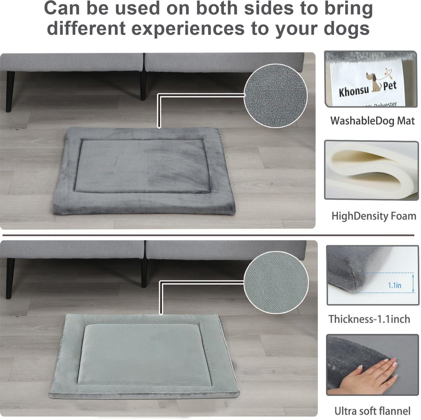 KHONSU PET Dog Bed Mat for Crate 1.1in Slim Cooling Pad Reversible Flannel & Waterproof Canva for Dogs up to 130 lbs