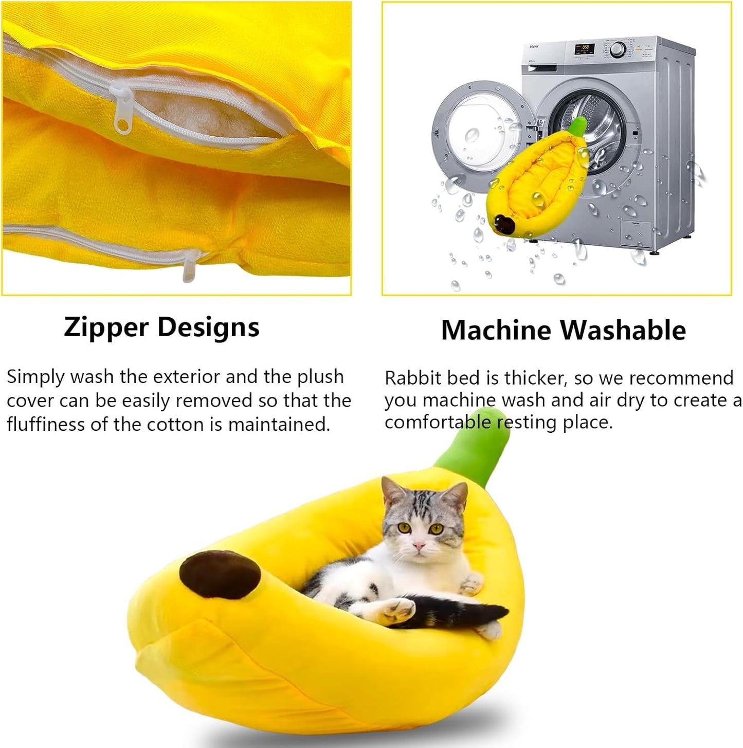 Bunny Bed,Rabbit Bed,Thick&Soft with Removable Mat,Machine Washable Guinea Pig Cushion,Cozy Bunny Plush House,Warm Small Animal Sleeping Beds(Yellow Banana Shape-M)