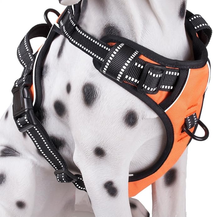 PoyPet No Pull Dog Harness, Reflective Comfortable Vest Harness with Front & Back 2 Leash Attachments and Easy Control Handle Adjustable Soft Padded Pet Vest for Small to Large Dogs (Orange,XL)