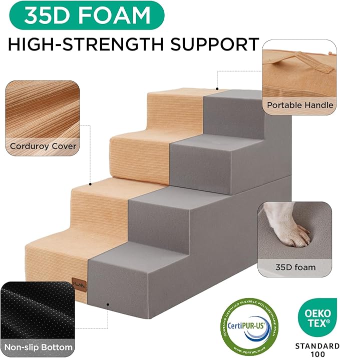 Made4Pets Dog Steps for Bed, Extra Wide Dog Stairs for High Bed Couch Sofa, 35D Foam Pet Steps for Small Dogs and Cats, Non-Slip Bottom Pet Stairs, Tan, 4 Steps