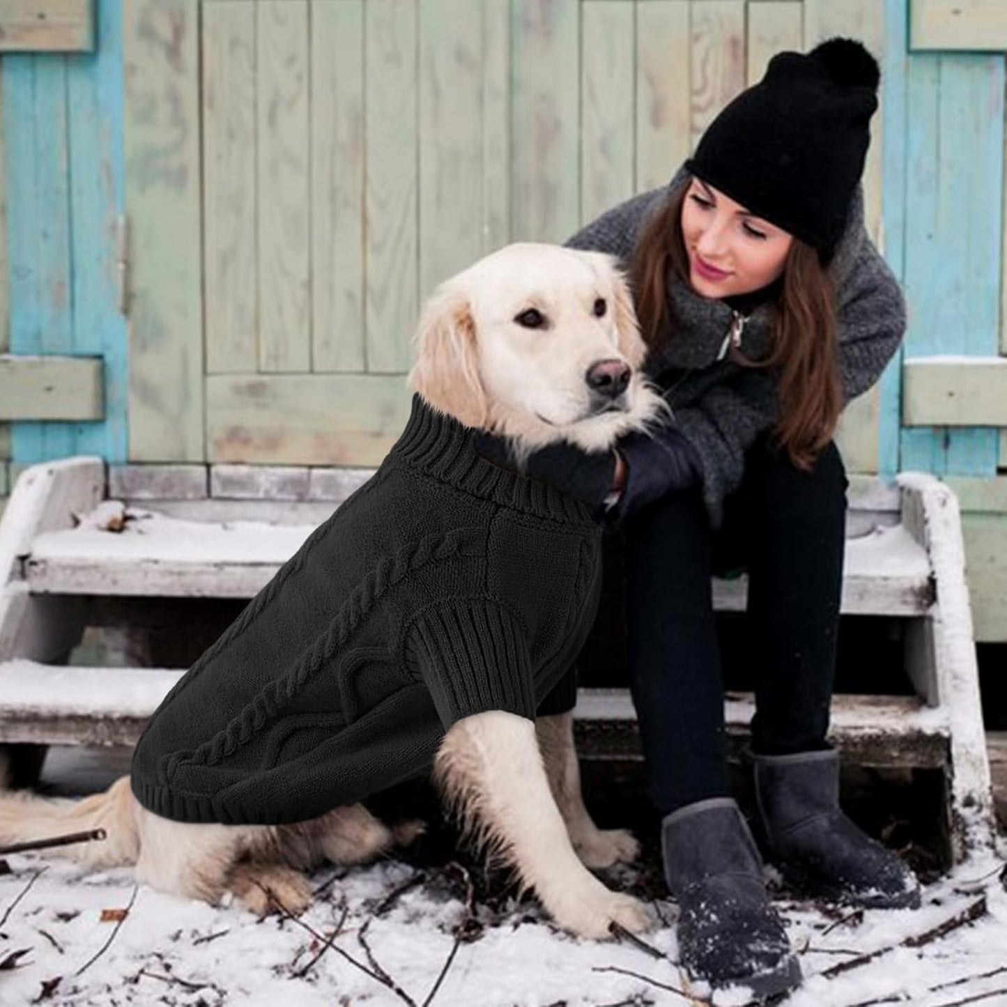 Queenmore Dog Sweater Large Size,Warm Dog Sweaters for Big Dogs,Chunky Knitted Doggy Sweater for Extra Large Dogs Boy Girl, Big Doggie Turtleneck Winter Outfit (Black,2XL)