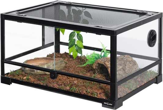 REPTI ZOO Full Glass 20 Gallon Reptile Tank, Front Opening Reptile Terrarium 24" x 18"x 12", Double Hinged Opening Doors & Top Screen Ventilation Escape Proof Lid