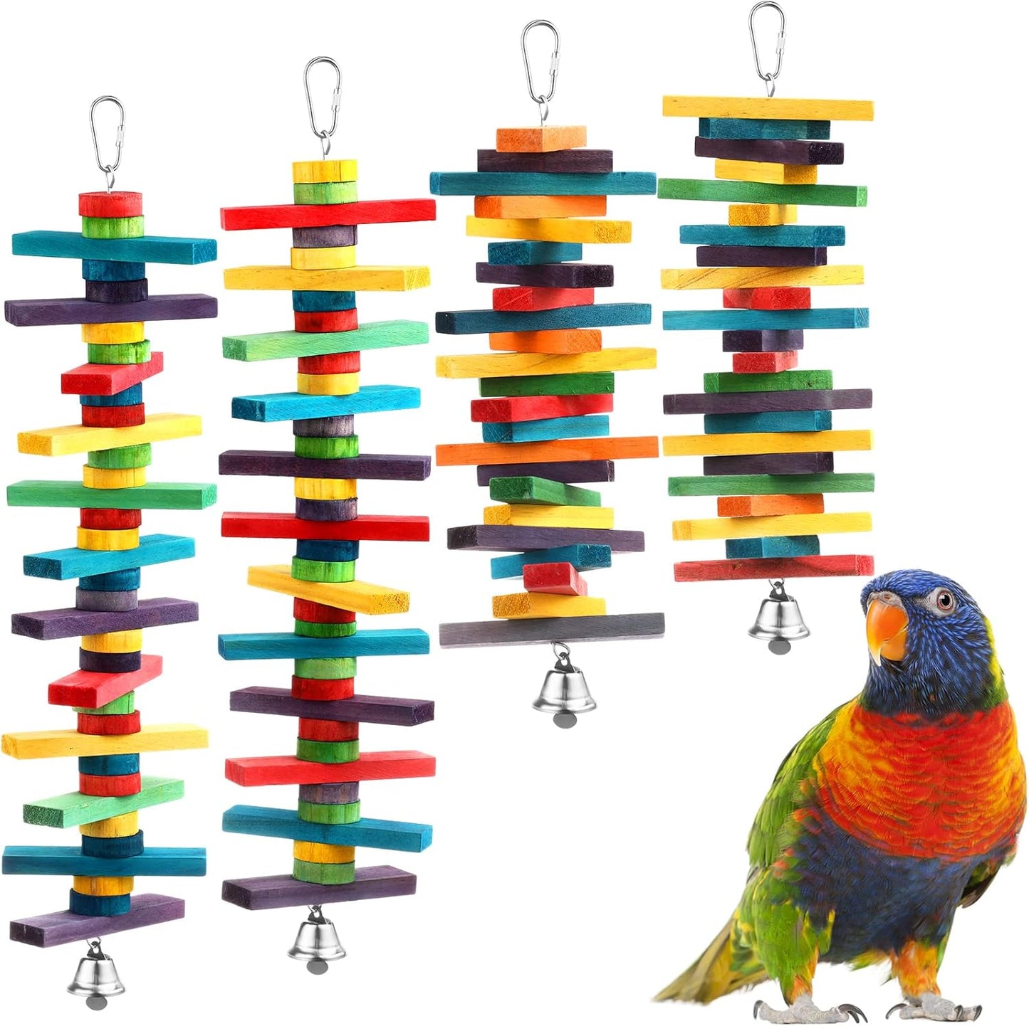 JaGely 4 Pcs Bird Parrot Toys with Multicolored Natural Wood Blocks, Bird Chew Toys for Large Medium Parrots Macaws Lovebirds Doves Cockatiels Conures Parakeets Chewing Biting Foraging, 2 Designs