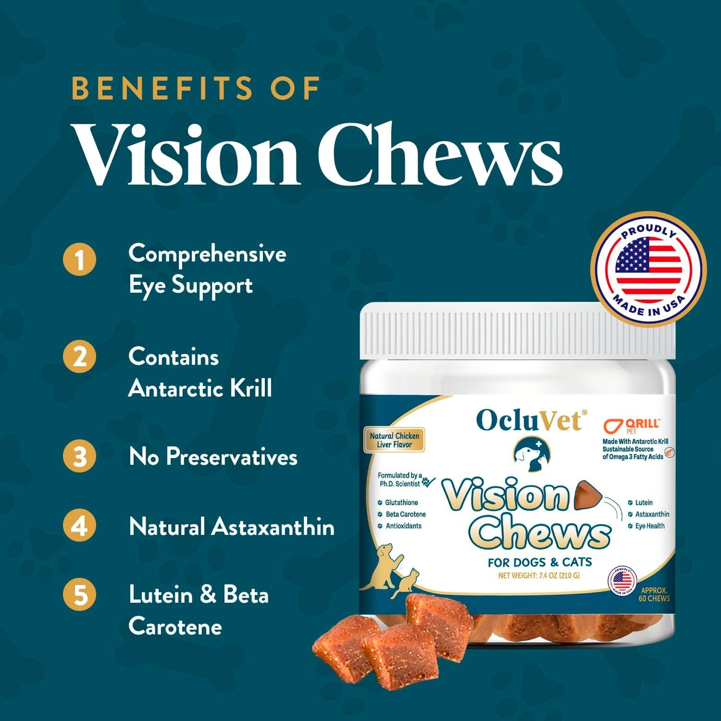 Vision Chews Eye Supplements for Dogs & Cats with Omega 3 Krill, Astaxantin, Choline, Lutein, Glutathione, Cat Vision Supplement & Dog Eye Supplements, Chicken Liver Flavor, 60 Chews, 3.5g Each