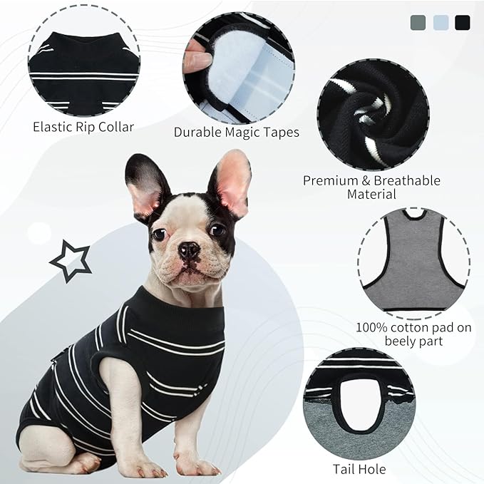 Kuoser Dog Surgery Recovery Suit for Female Male Dogs, Stripes Spay Neuter Anti-Licking Dog Onesie, Surgical Suit Snugly Pet Post Surgery Vest Bodysuit for Abdominal Wounds Skin Disease, Black L
