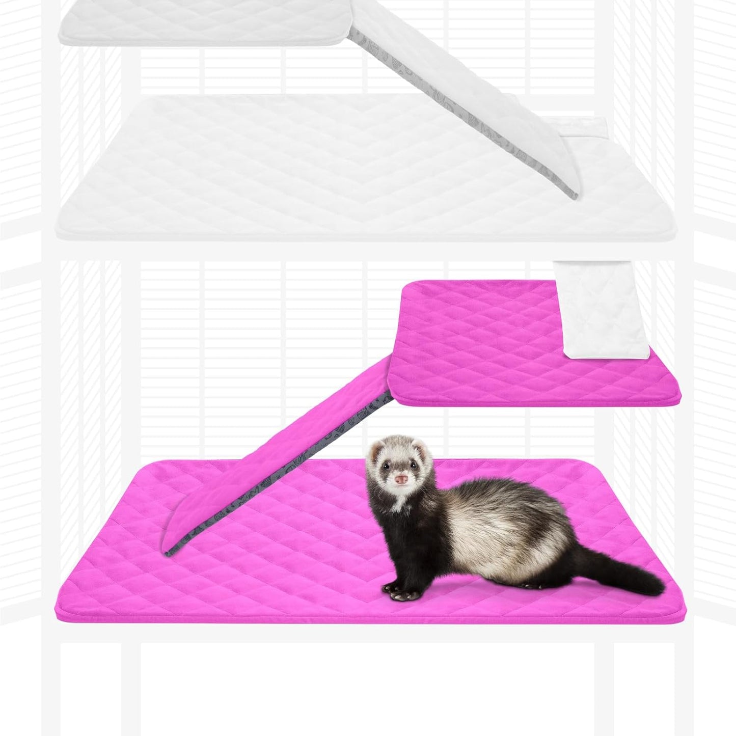 Paw Inspired Fitted Fleece Cage Liner Set for Ferret Nation, Critter Nation Single Unit (Bottom Pan Liner, Ramp Cover, Shelf Liner) for Ferrets, Rats, Chinchillas, Hedgehogs, Small Animals (Pink)