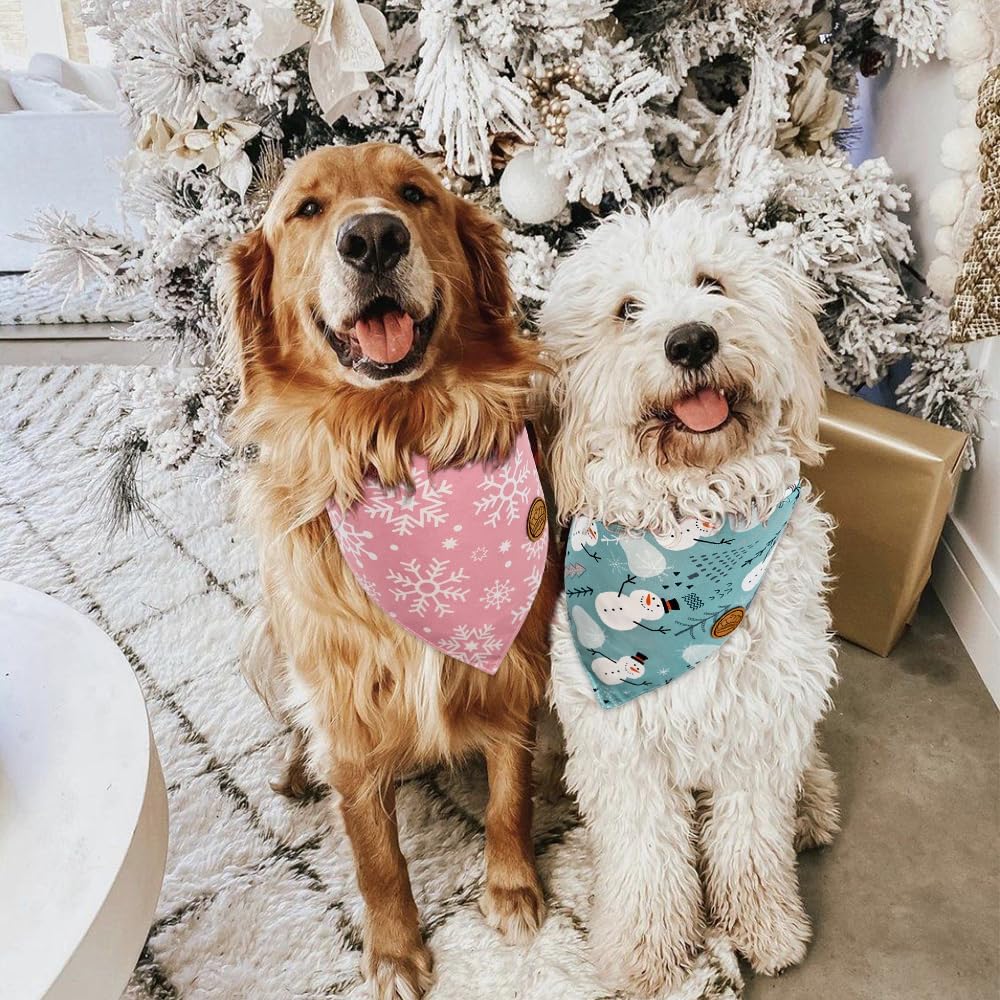 CROWNED BEAUTY Christmas Dog Bandanas Reversible Large 2 Pack, Winter Whimsy Set, Adjustable Triangle Scarves for Medium Large Extra Large Dogs Girl Boy Pets DB80-L