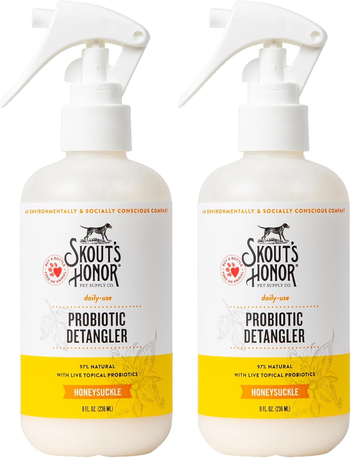 Skout's Honor Pet Detangler Spray - Hydrating & Conditioning with Avocado Oil & Probiotics, 97% Natural, Paraben & Sulfate-Free, softens for a More brushable Coat, Daily Use, 8oz, Honeysuckle, 2-Pack