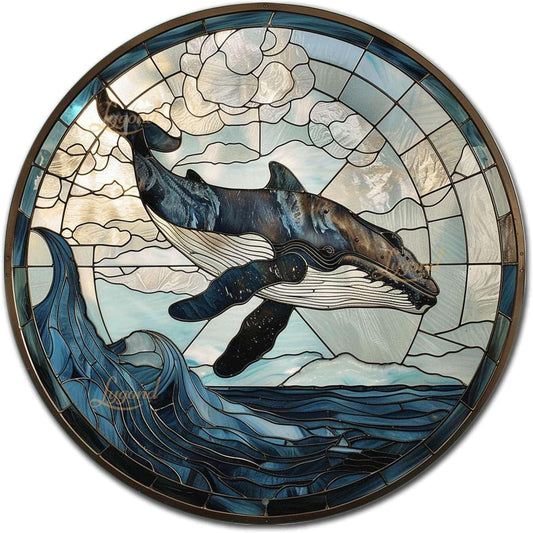 Lygond Metal Sign Tin Sign Circular Stained Glass Whale Bar Sign for Garage 8×8 Inches