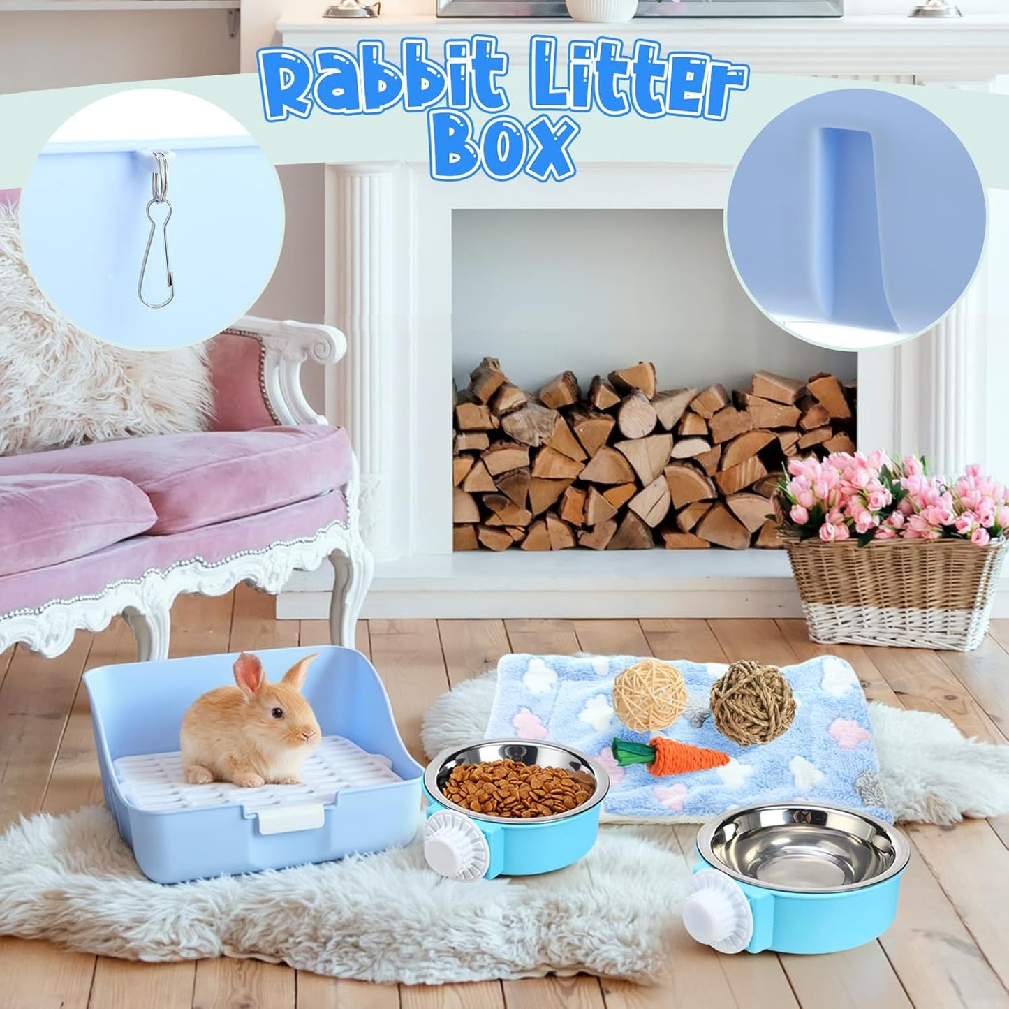 15 Pcs Rabbit Starter Kit Small Rabbit Litter Box Animal Grooming Kit Bunny Toys Bowl Blankets with Cleaning Set for Guinea Pig Accessories(Candy Blue)