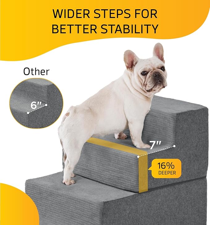 Dog Stairs for High Bed, Dog Steps for Bed Couch Sofa, 35D Foam Extra Wide Pet Steps for Small Dogs and Cats, Pet Stairs with Non-Slip Bottom Grey, 2 Steps