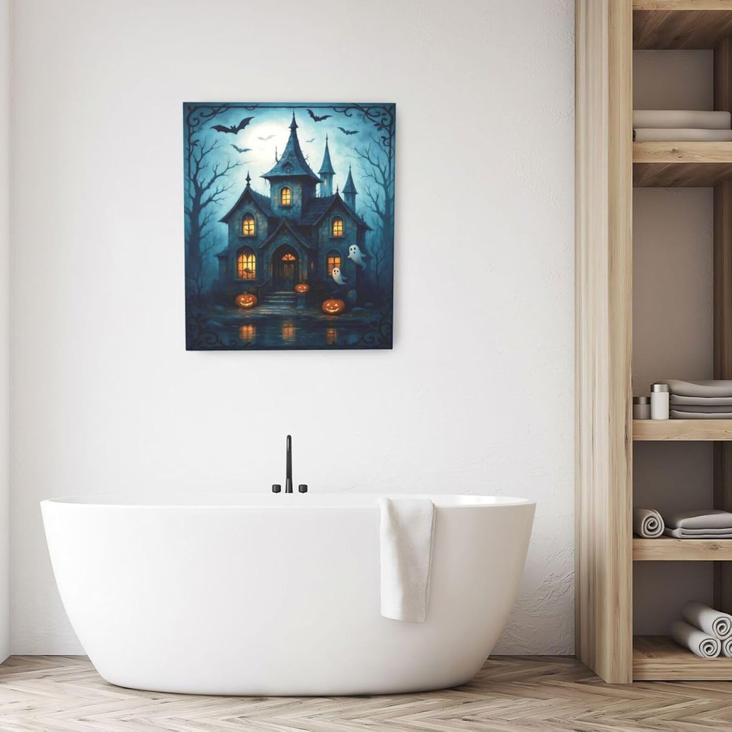 Halloween Gothic Wall Art Castle Pumpkin Ghost Bat Canvas Wall Decor Dark Academia Pictures Painting Print Framed Artwork Decorations Gifts for Halloween Living Room Bedroom Office 20"x24"