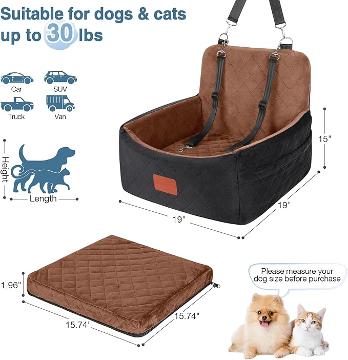 Dog Car Seat for Small Dogs Under 30lbs,Ultra Soft Fabric & Memory Foam Pet Travel Car Bed,Washable & Detachable,Anti-Slip Bottom,2 Storage Pockets and Safety Tethers(Black/Brown)