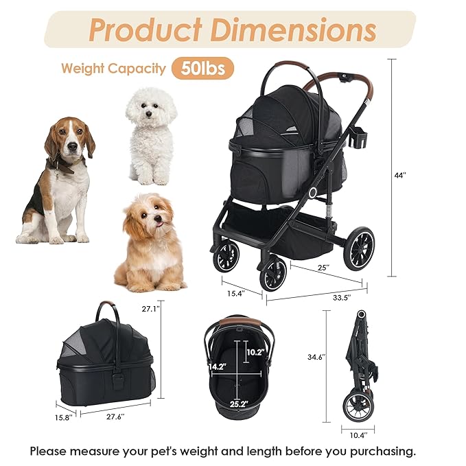 Pet Stroller with 4 Wheels, 3 IN 1 Folding Puppy Strollers for Small/Medium Dogs Cats up to 50lbs, Lightweight Pet Travel Carrier with Detachable Cushion, Storage Basket and Cup Holder, Black