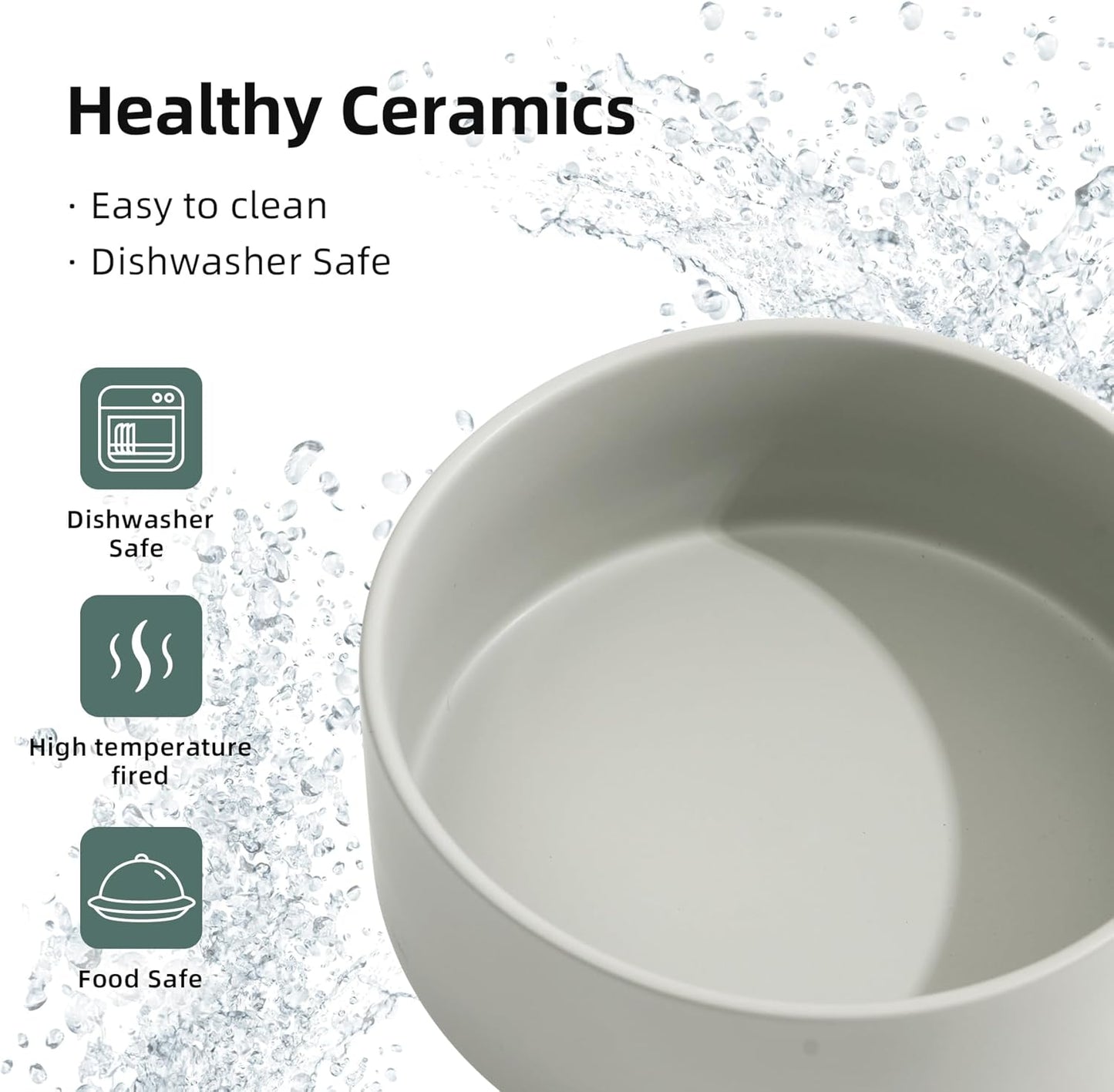 Ceramic Dog Bowl, Food and Water Bowl for Medium Breed Dog, Pet Bowl for Replacement (7.3 inch, Single Bowl, Grey)