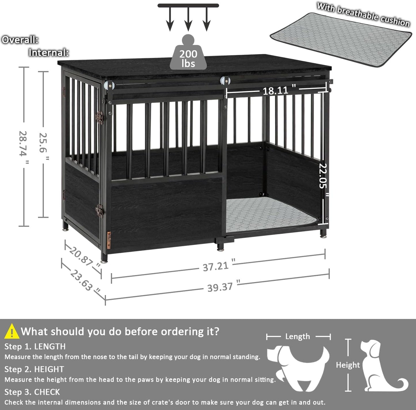 KOOPRO 40 Inch Dog Crate Furniture with Cushion for Small Medium Dogs, Wooden Heavy Duty Dog Kennel with Double Doors, Decorative Pet House Dog Cage Side End Table Indoor, Sliding Door Chew-Resistant
