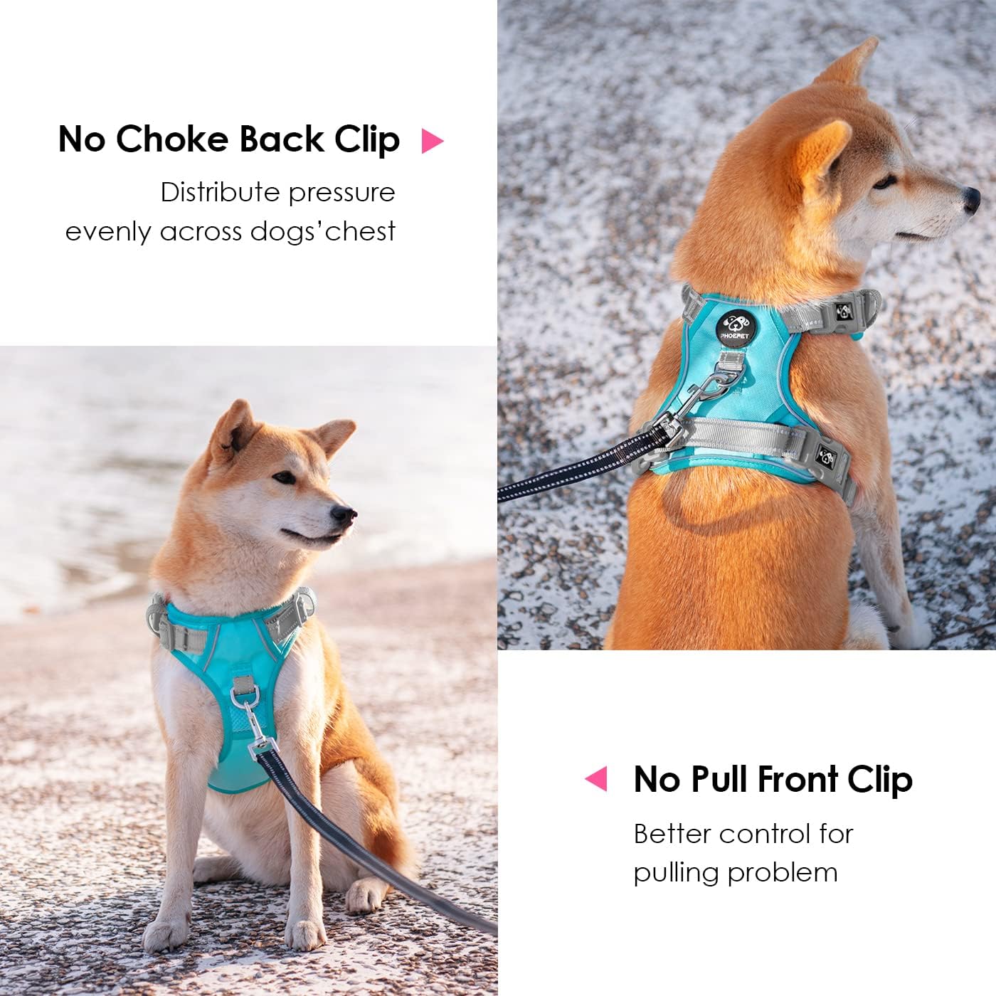 PHOEPET No Pull Dog Harness, Unique Colors Reflective Adjustable Dog Vest, with Soft Training Handle Metal Clips for Small Medium Large Dogs (Mint Green Base & Grey Straps,L)