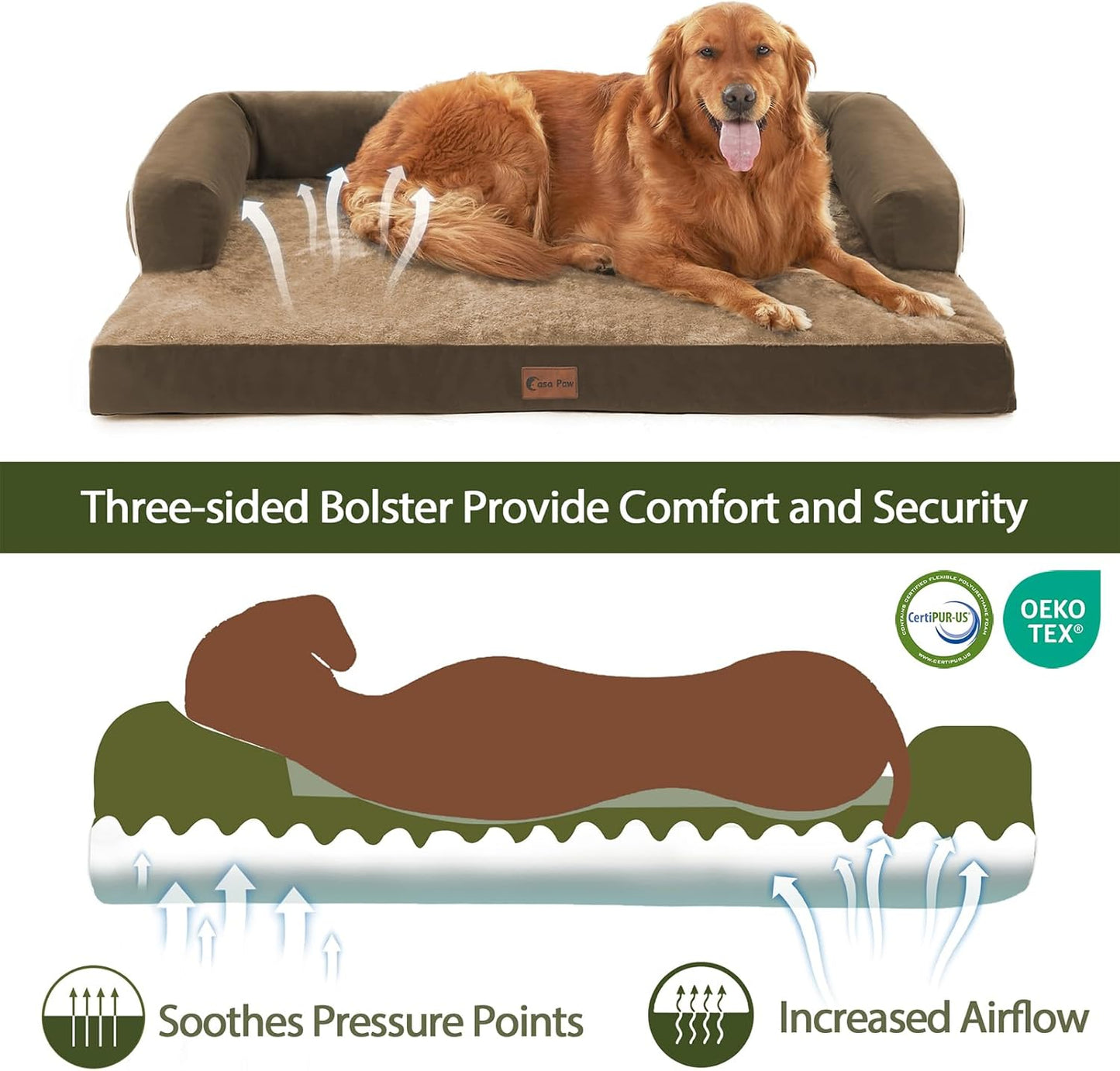 Orthopedic Dog Beds for Extra Large Dogs, Waterproof Dogs Beds XLarge, Memory Foam Dog Couch Beds with Comfy Bolster, Removable Washable Cover and Nonskid Bottom (X-Large,Brown)
