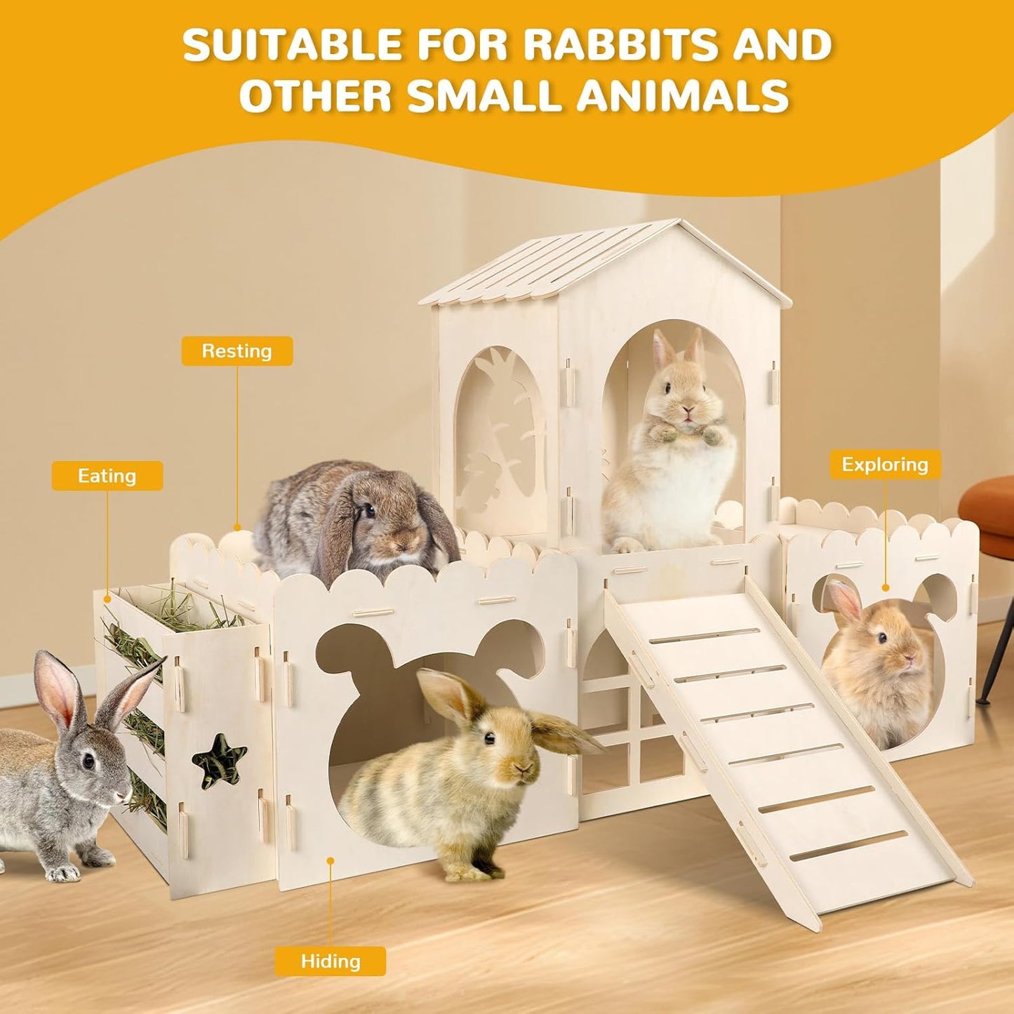 Large Rabbit Hideout Bunny Castle, Wooden Bunny House & Hay Feeder, Detachable Rabbit Hideaway, Indoor Rabbit Castle with Ramp, Small Animal Houses & Habitats