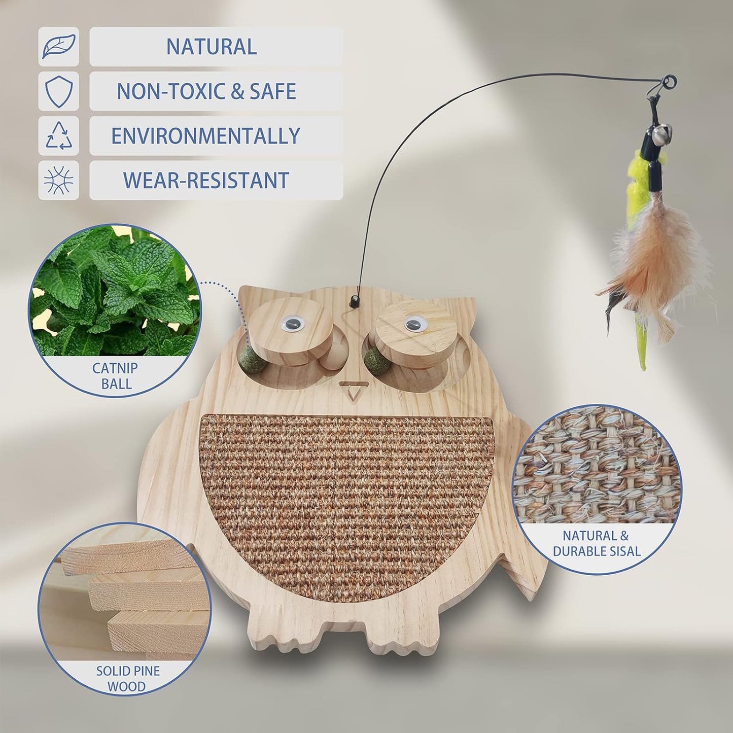 Petest Interactive Cat Toy Natural Sisal Cat Scratcher Toy with Catnip Balls, Owl Design