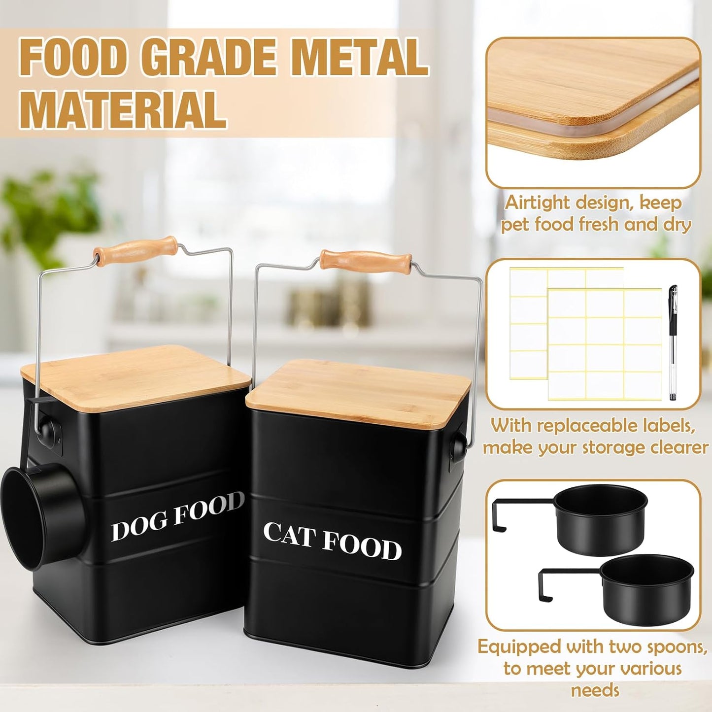 Tioncy 2 Pcs Metal Dog and Cat Food Storage Containers Big Pet Food Containers with Bamboo Lids and Spoon Airtight 5-7 Lbs Dog Cat Treat Snack Jars with DIY Labels for Kitchen Counter(Black)