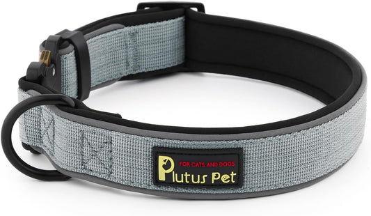 Plutus Pet Tactical Dog Collar, Reflective, Adjustable Heavy Duty Dog Collar, Soft Padded and Comfortable, for Small Medium and Large Dogs (Gray, L)