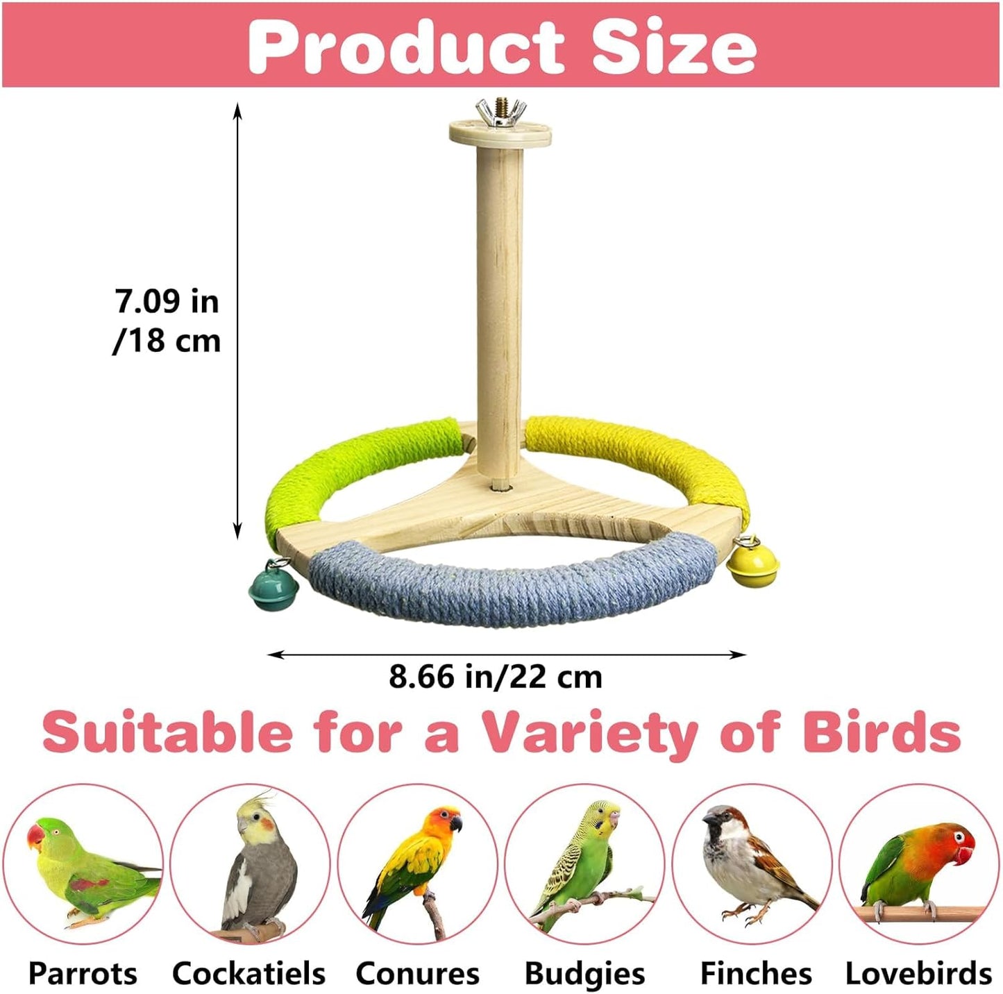 PINVNBY Hanging Bird Stand Perch Toy Wooden Spinning Parrot Perch with Cotton Rope and Bell Interactive Cockatiel Toy Bird Cage Accessories for Parakeets Conures Budgies Finches Lovebirds