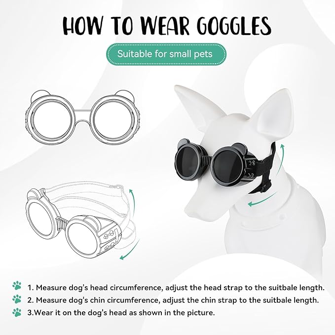 Dog Goggles for Small Breed UV/Wind/Dust Protection Puppy Sunglasses with Adjustable Strap - Black