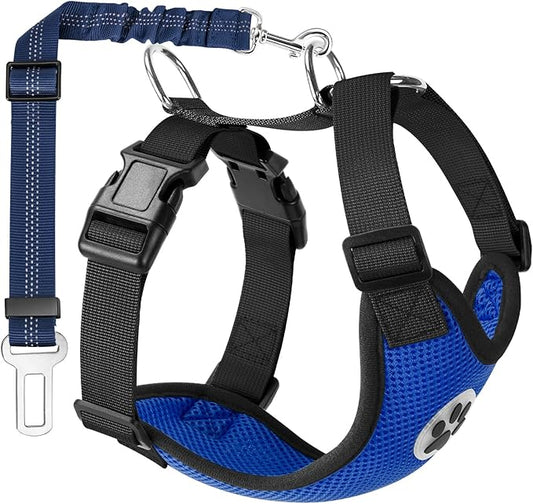 Lukovee Dog Seat Belt - Adjustable Dog Car Harness for Large, Medium & Small Dogs, Soft Padded & Breathable Mesh Dog Seatbelt with Car Vehicle Connector Strap (Blue, Medium)