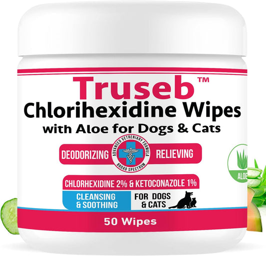 Truseb Topical Ketoconazole and Chlorhexidine Wipes for Dogs, Cats and Horses - with Aloe for Cleansing - 50 Count (Ketoconazole & Chlorhexidine Wipes, 50 Count)