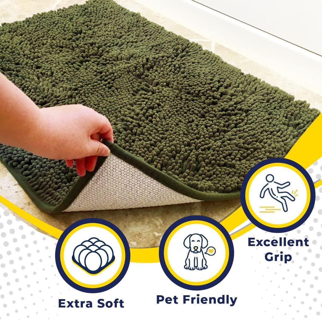 Muddy Mat® AS-SEEN-ON-TV Highly Absorbent Microfiber Door Mat and Pet Rug, Non Slip Thick Washable Area and Bath Mat Soft Chenille for Kitchen Bedroom Indoor and Outdoor - Army Green 24" x 96"