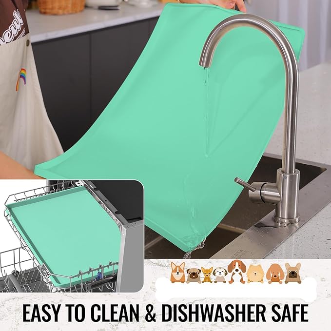 MateeyLife Dog & Cat Food Mat - Waterproof, Nonslip, Raised Edges, Silicone Tray for Messy Drinkers, 24"x16", Mint Green