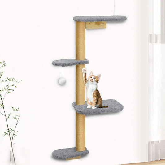 Wall Mounted Cat Wall Shelves and Climbing Tree for Kittens, 4-Tier Adjustable Cat Furniture for Indoor Cats Under 30lbs, with Grey Plush Platforms