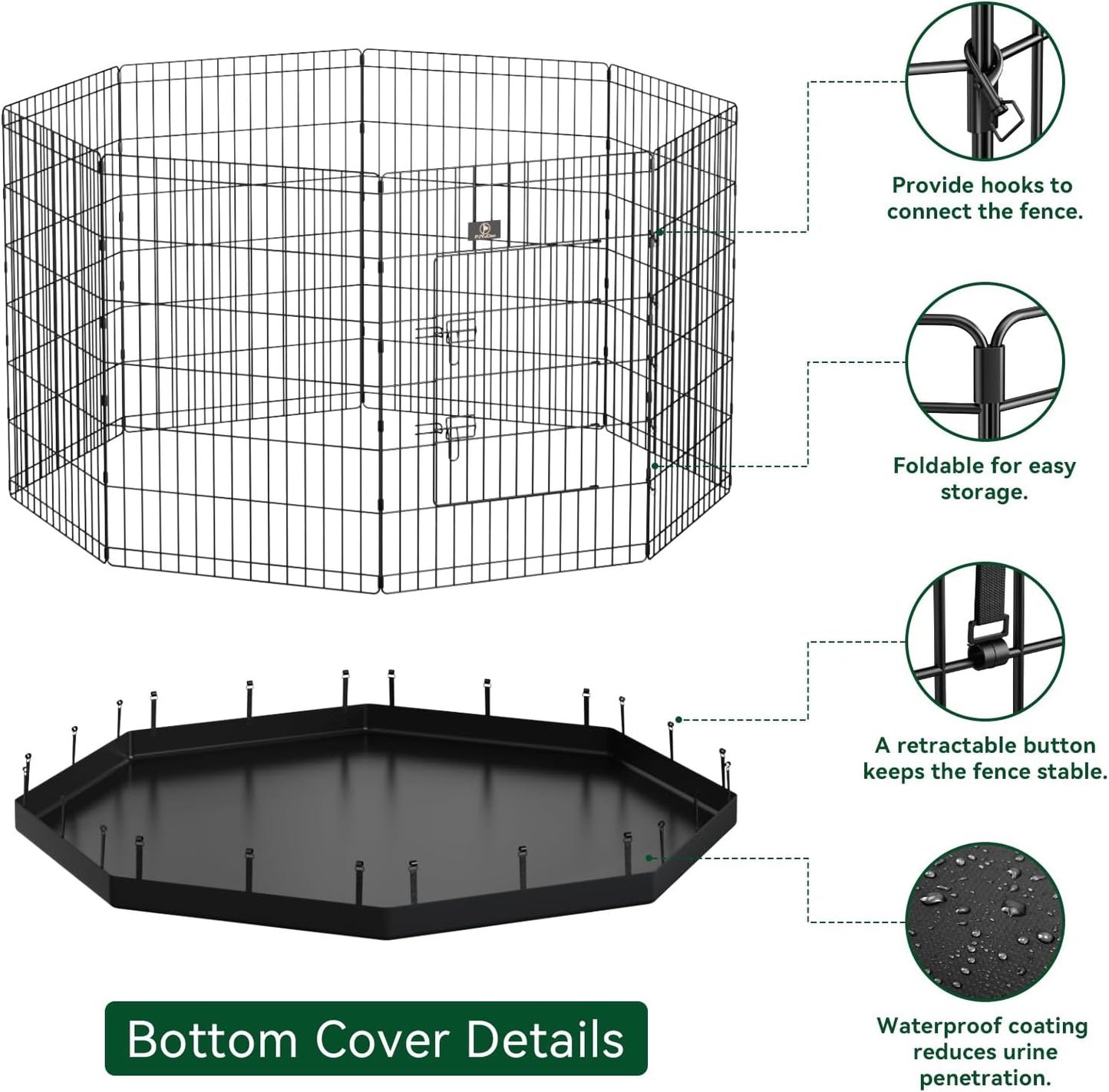 PJYuCien Dog Playpen, 8 Panels 42’’H Dog Pens Indoor with Bottom Pad, Metal Foldable Pet Puppy Exercise Fence Crate Kennel, Better for Medium and Big Animals,Black
