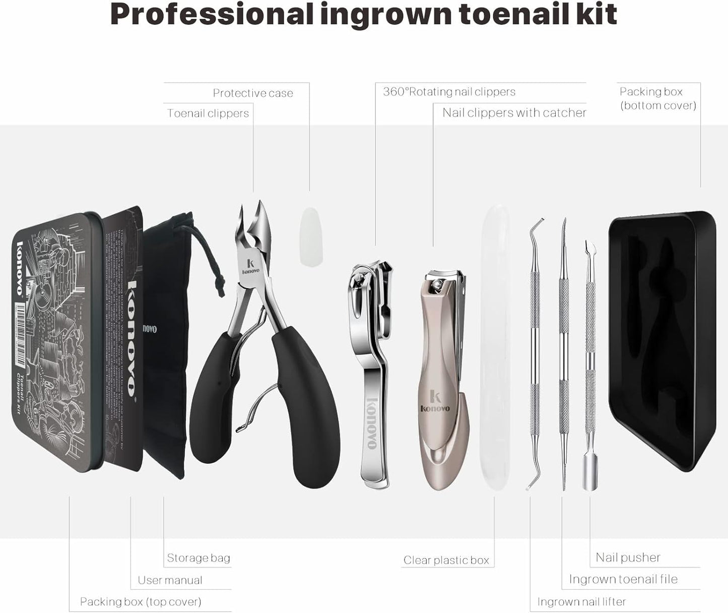 Toenail Clippers for Seniors Thick Toenails, Toe Nail Clippers Adult Thick Nails Long Handle, Heavy Duty Nail Clippers Kit 6Pcs Black